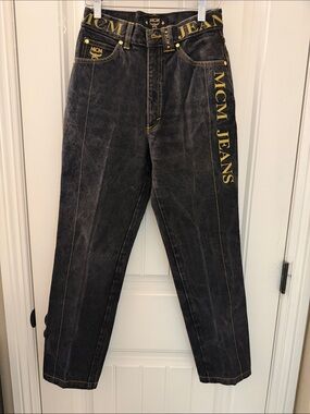 MCM Men's Black Denim Jeans with Gold Logo Trim